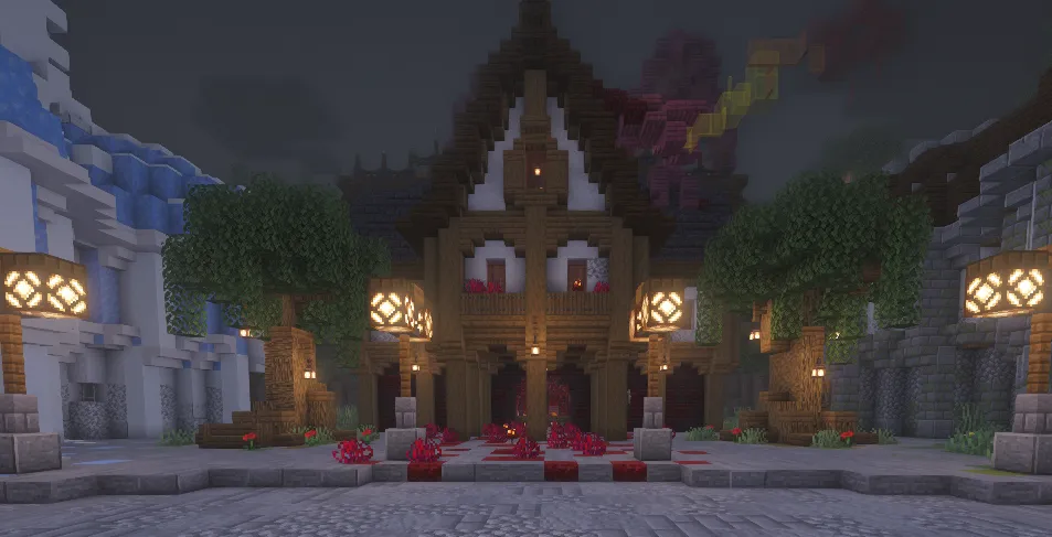 The stall district of the Agora, lit by lanterns