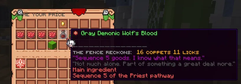 The Fence appraising a Sequence 5 ingredient at 16 coppets 11 licks